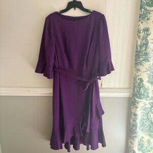 Bell Sleeve Solid Crepe Wrap Fit and Flare Dress